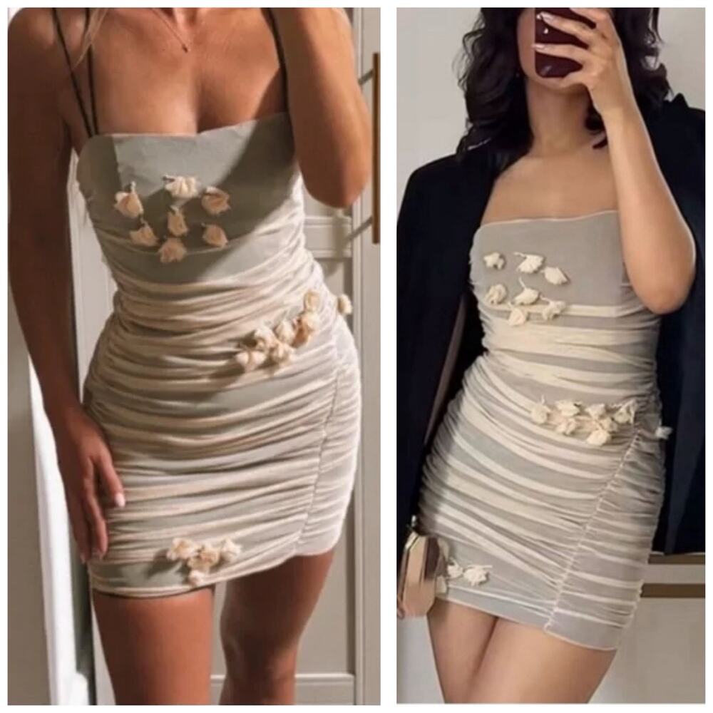 Zara Cream Floral Tulle Mini Dress Size XL 0881/327 Ruched Cocktail Party